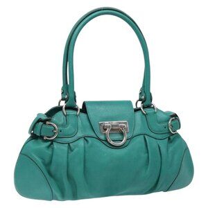 Authentic Salvatore Ferragamo Gancini Bag Leather Silver Emerald Green
